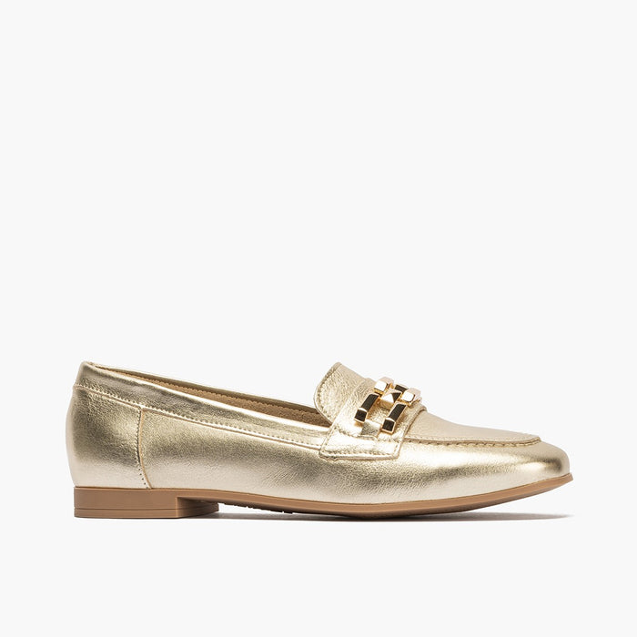 pitillos Mocasines de mujer en piel laminada con adorno y tacón bajo DORADO Outlet
