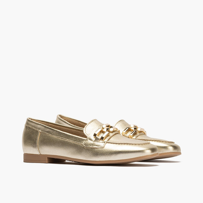pitillos Mocasines de mujer en piel laminada con adorno y tacón bajo DORADO Outlet