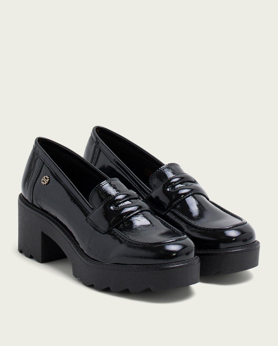 porronet MOCASINES DE PIEL CHAROL CON TACÓN NEGRO MADDY Precio ultrabajo