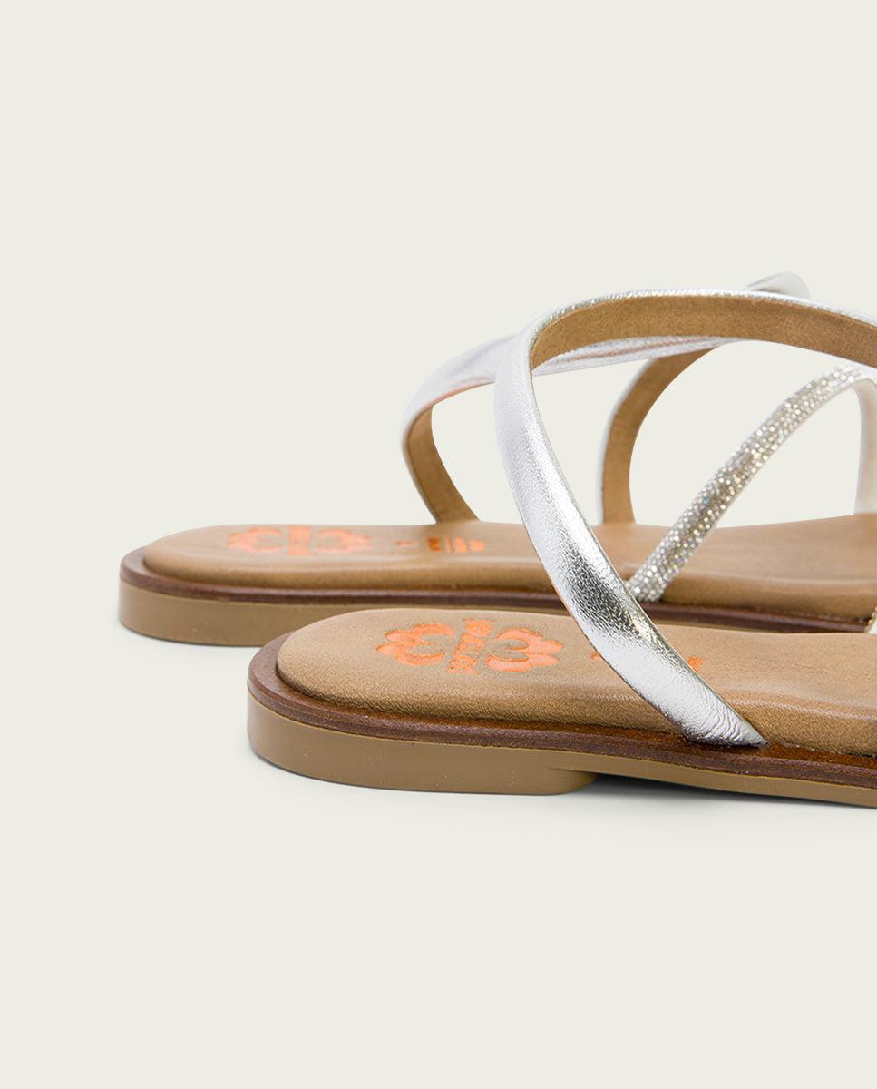 porronet SANDALIA ESCLAVA PLANA CON BRILLANTES PIEL PLATA CAMILA En oferta