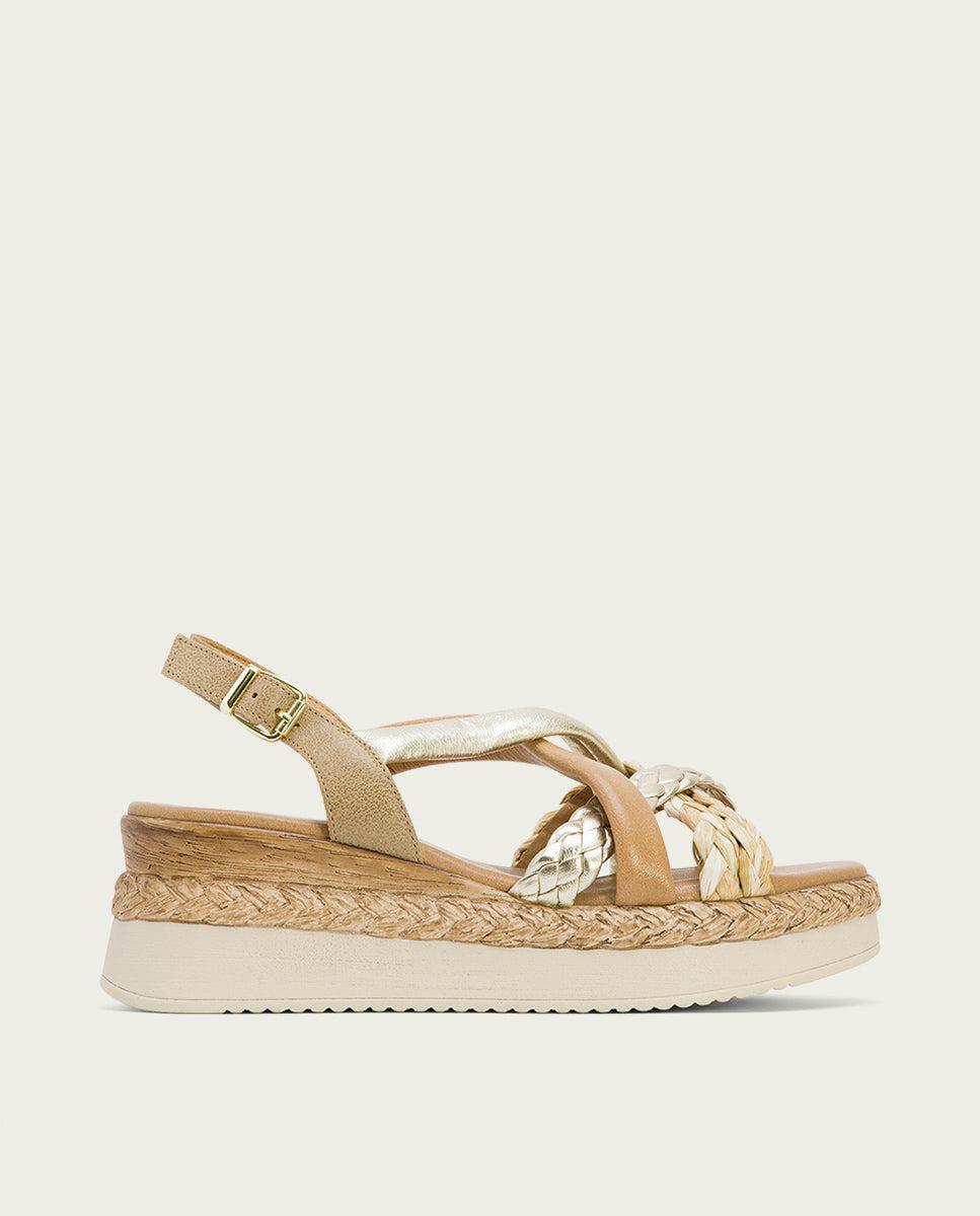 porronet SANDALIA PIEL CUÑA ARENA PLATINO FLAVIA En oferta