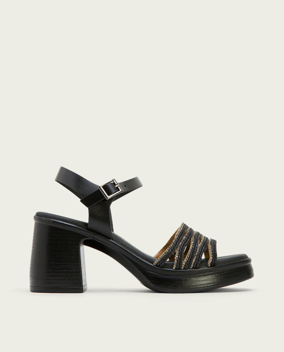 porronet SANDALIA TACON PIEL Y TEXTIL NEGRO ILKA Tienda de fábrica