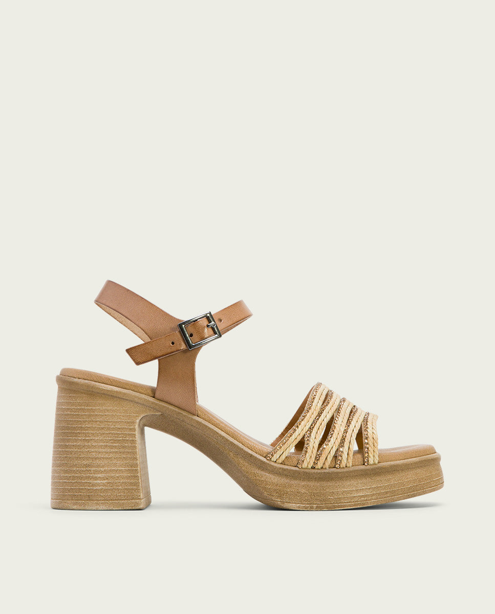 porronet SANDALIA TACON PIEL Y TEXTIL TAUPE NATURAL ILKA