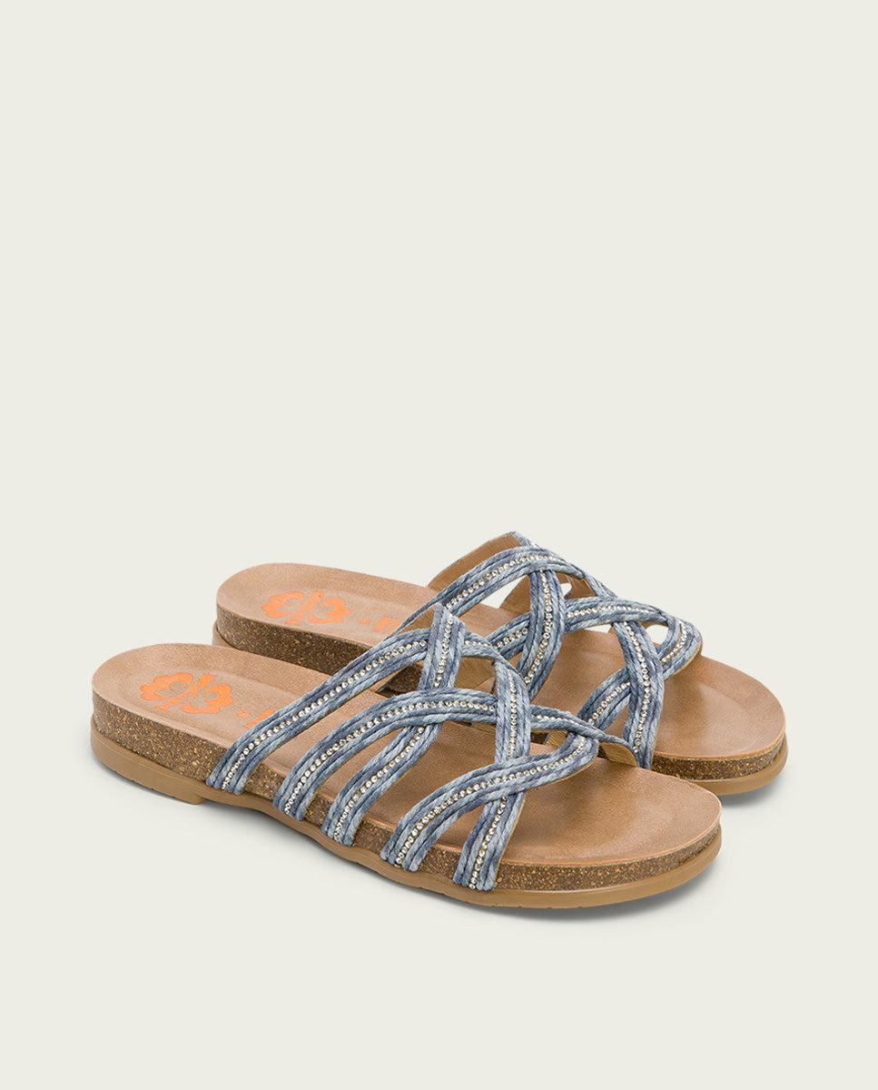 porronet SANDALIA BIO CON PALA TEXTIL PIEL AZUL DAFNE Última moda