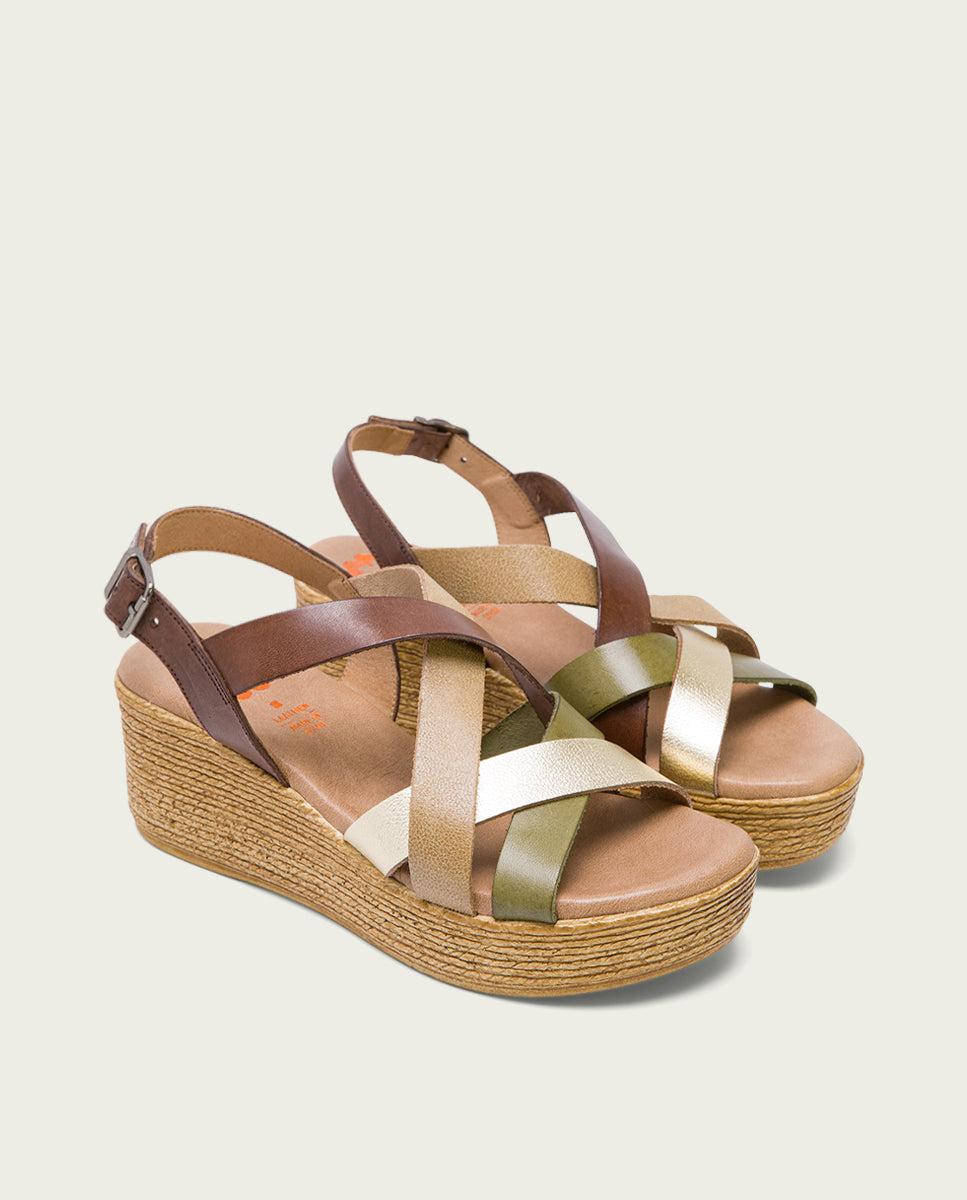 porronet SANDALIA CUÑA PIEL MOKA PLATINO IRIS Outlet