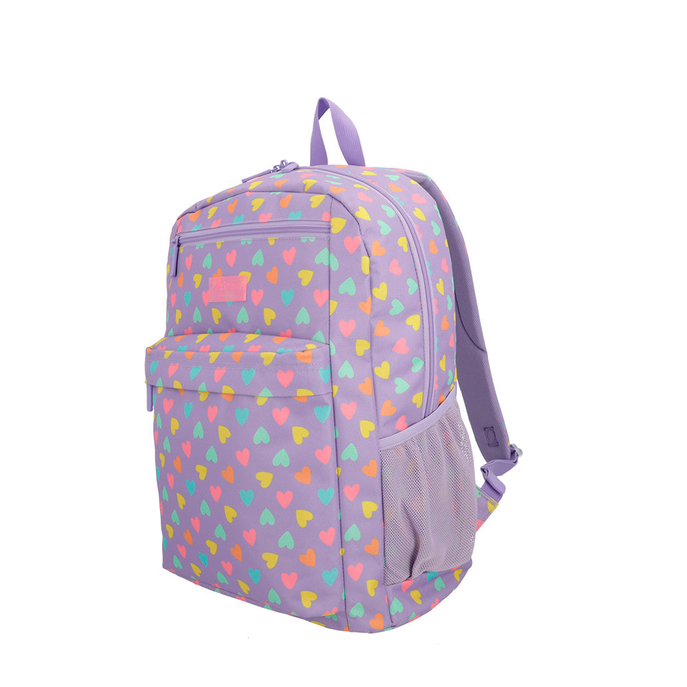 saxoline Megapack mochila escolar + bolso deportivo + lonchera + estuche Heart morado Promoción trimestral