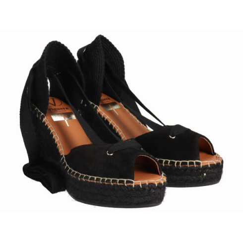 viguera Alpargata Peep Toes Cuña Yute Negro Cintas Envío internacional gratuito