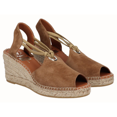 viguera Alpargata Peep Toes Cuña Media Yute Cuero con Elásticos Gran oferta