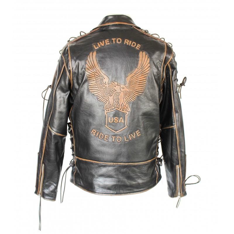 zerimar shoes Chaqueta de cuero motera con aguila y cuerdas Rebajas de fábrica
