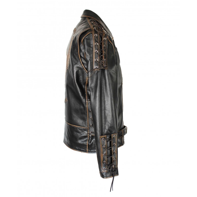 zerimar shoes Chaqueta de cuero motera con aguila y cuerdas Rebajas de fábrica