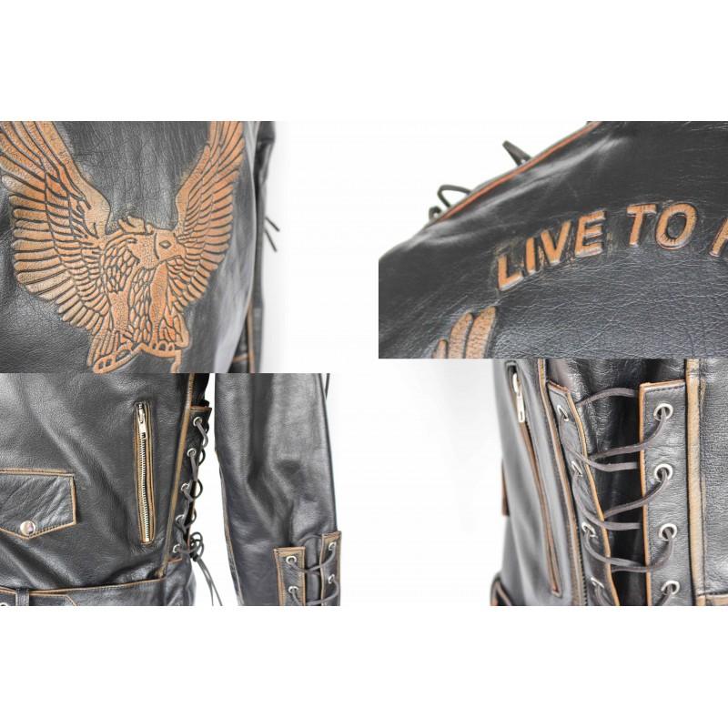 zerimar shoes Chaqueta de cuero motera con aguila y cuerdas Rebajas de fábrica