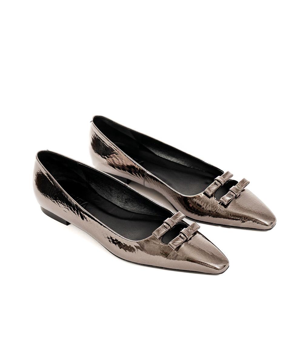 zinda Zapato plano de piel metalizada gris con dos lazos Última moda